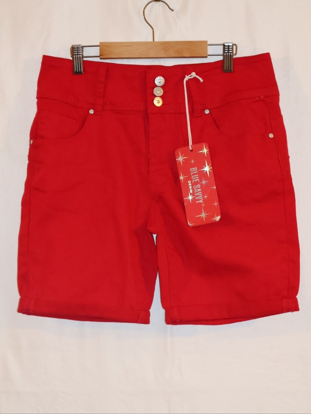 Blue Savvy Red Denim High-Rise Bermuda Shorts. Size 11/30.